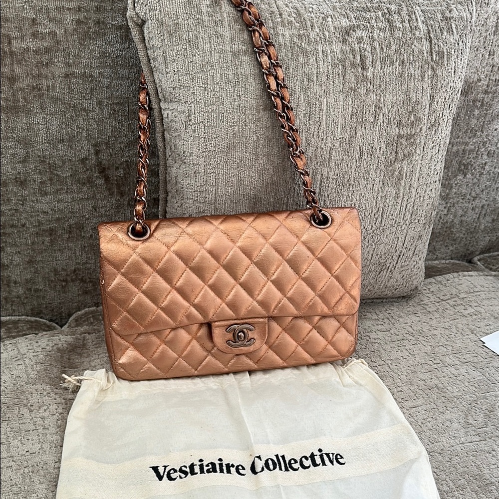 CHANEL Quilted Flap Shoulder Bag in Metallic Rose Gold/Bronze, good condition.